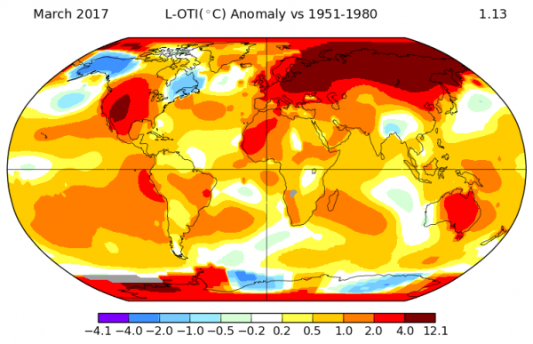 March 2017 temperature anomoly global map