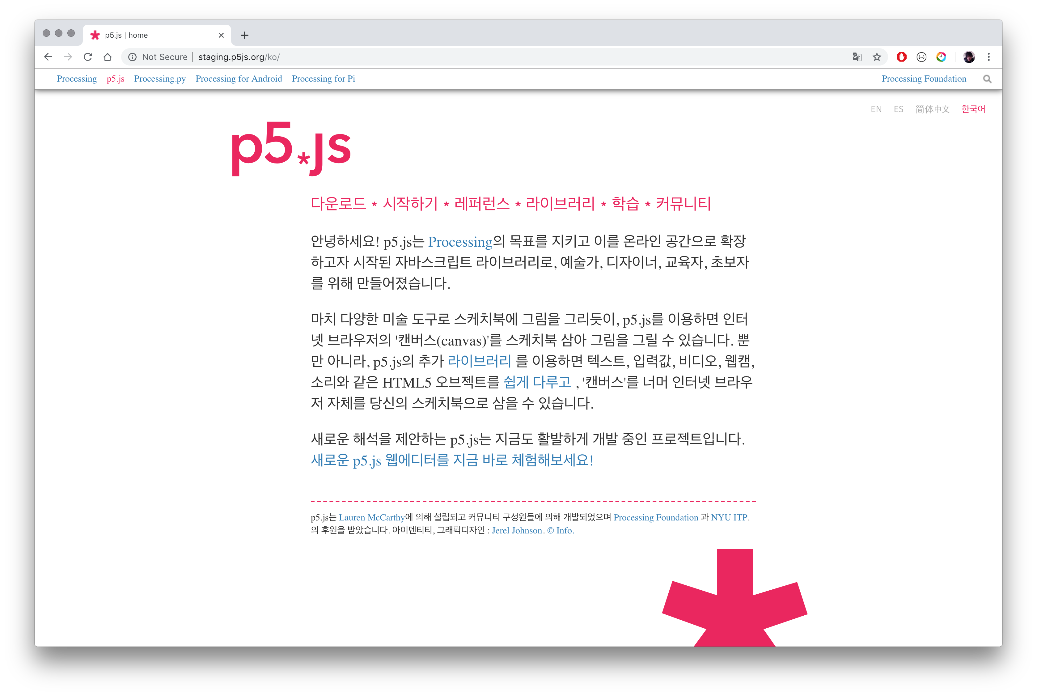 Screenshot of p5.js website in Korean language